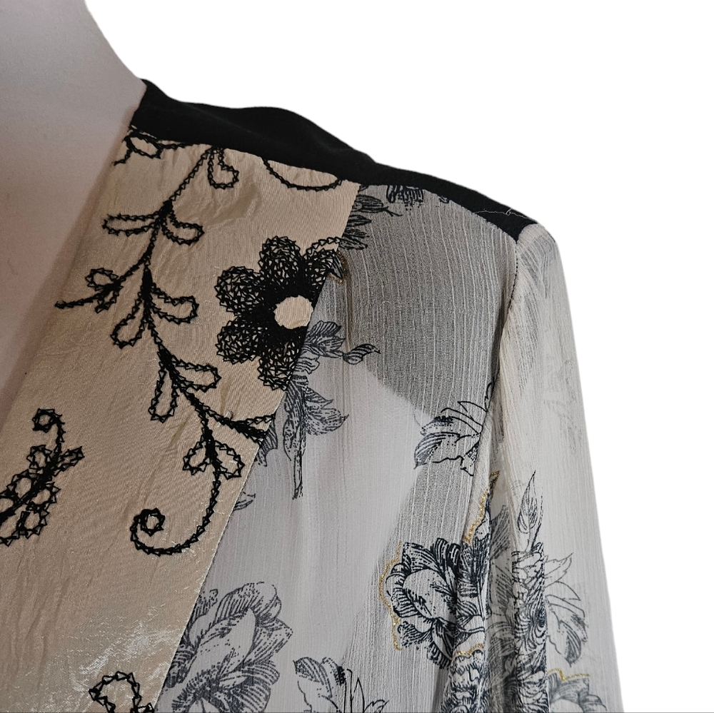 Vintage Spencer Alexis Black White Floral Lace Mixed Media Kimono Jacket Size XL - Picture 3 of 16
